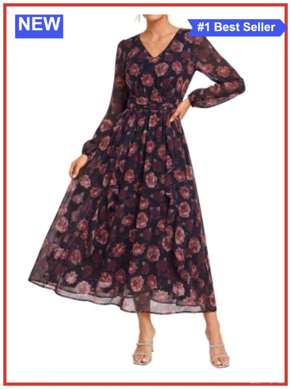 Women's Floral Chiffon Long Sleeve V Neck Tiered Ruffle Wedding Guest Maxi Dress